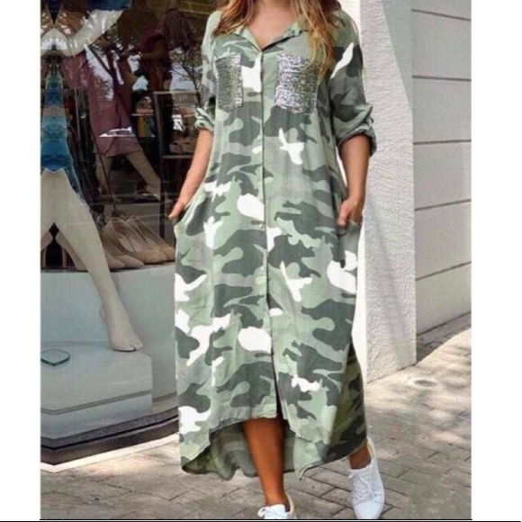 NEW Camo print /long sleeve/ stylish sequin pockets/ coverup/ duster/ dress - Picture 4 of 7